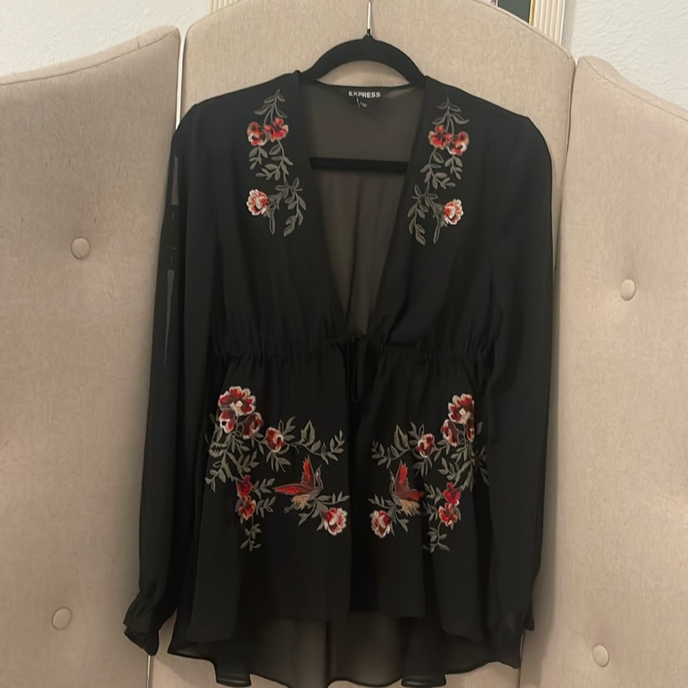 Express Long Sleeve Sheer Black Top w Floral Embroidery XS